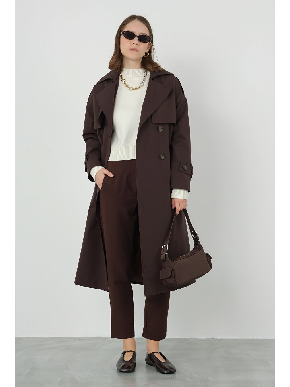 Kahverengi Rüzgarlıklı Klasik Trençkot Acı Kahve-1