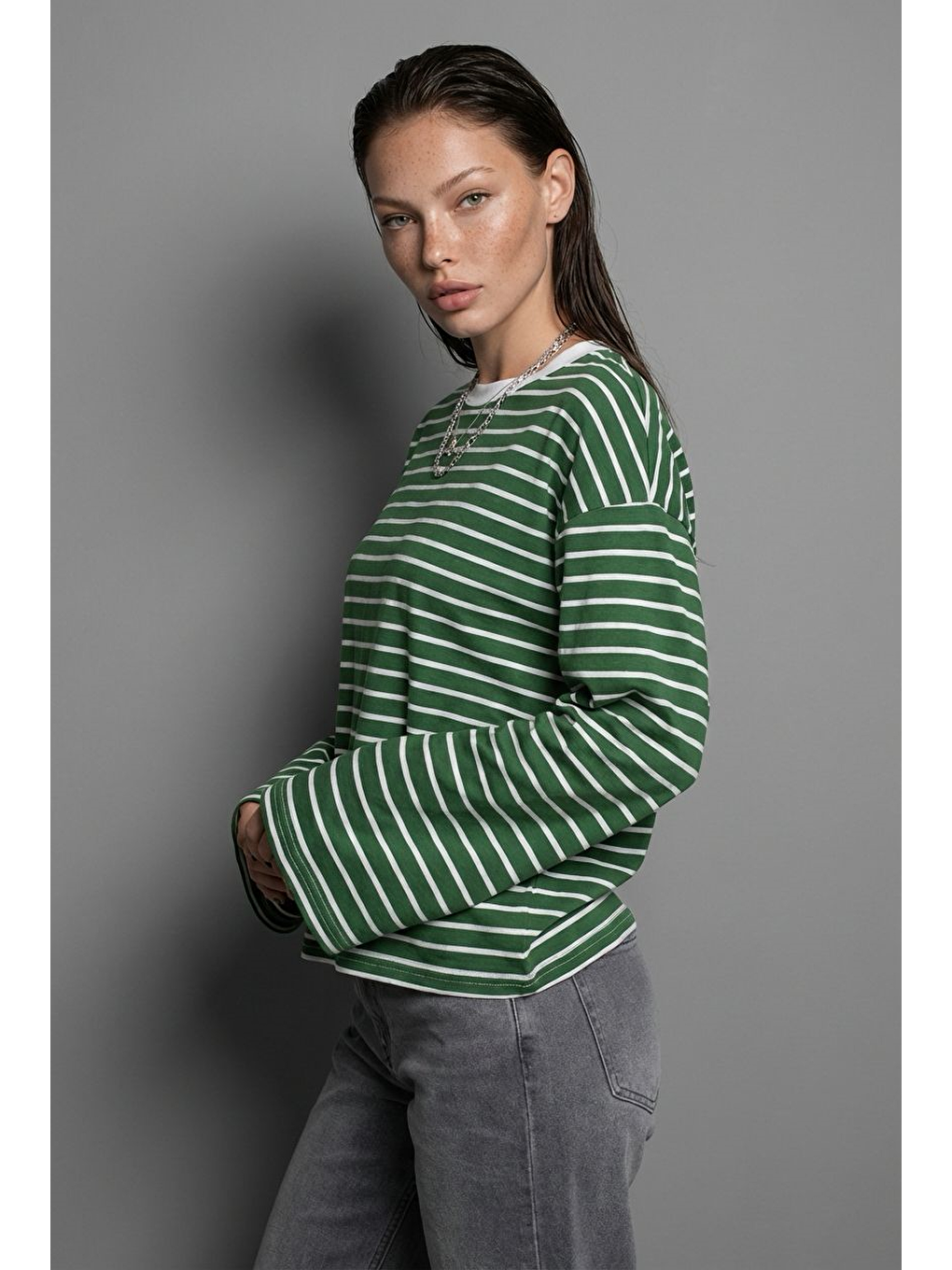 Yeşil Bisiklet Yaka Çizgili Uzun Kollu Tişört Mg2362-8