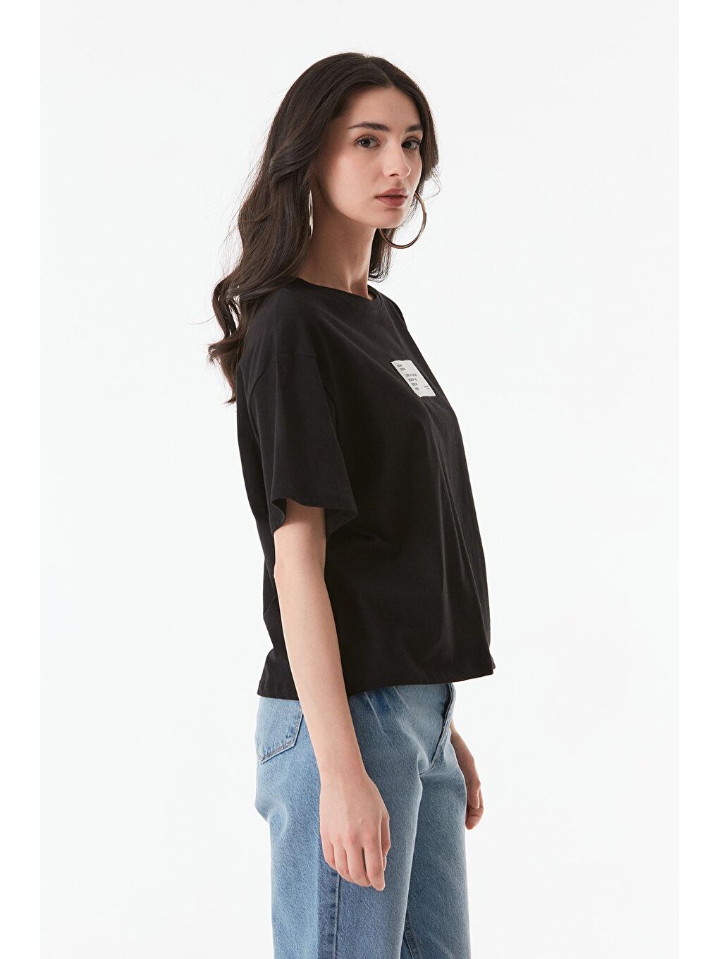 Siyah Baskılı Bisiklet Yaka Oversize Tişört-2