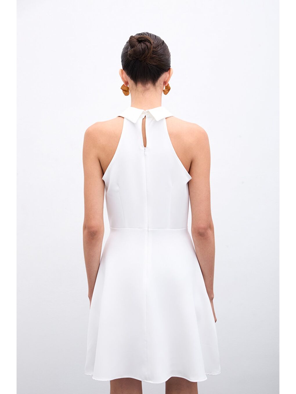 Çıtçıtlı Kısa Elbise - Ekru-6