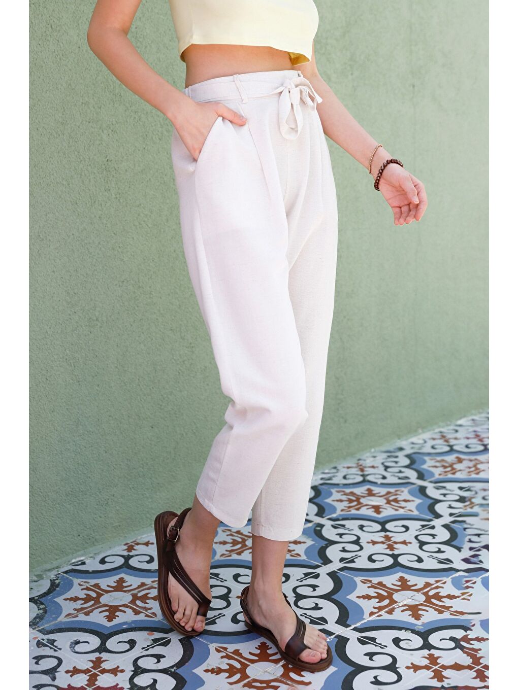 Bej Beli Bağlamalı Straight Keten Pantolon-2