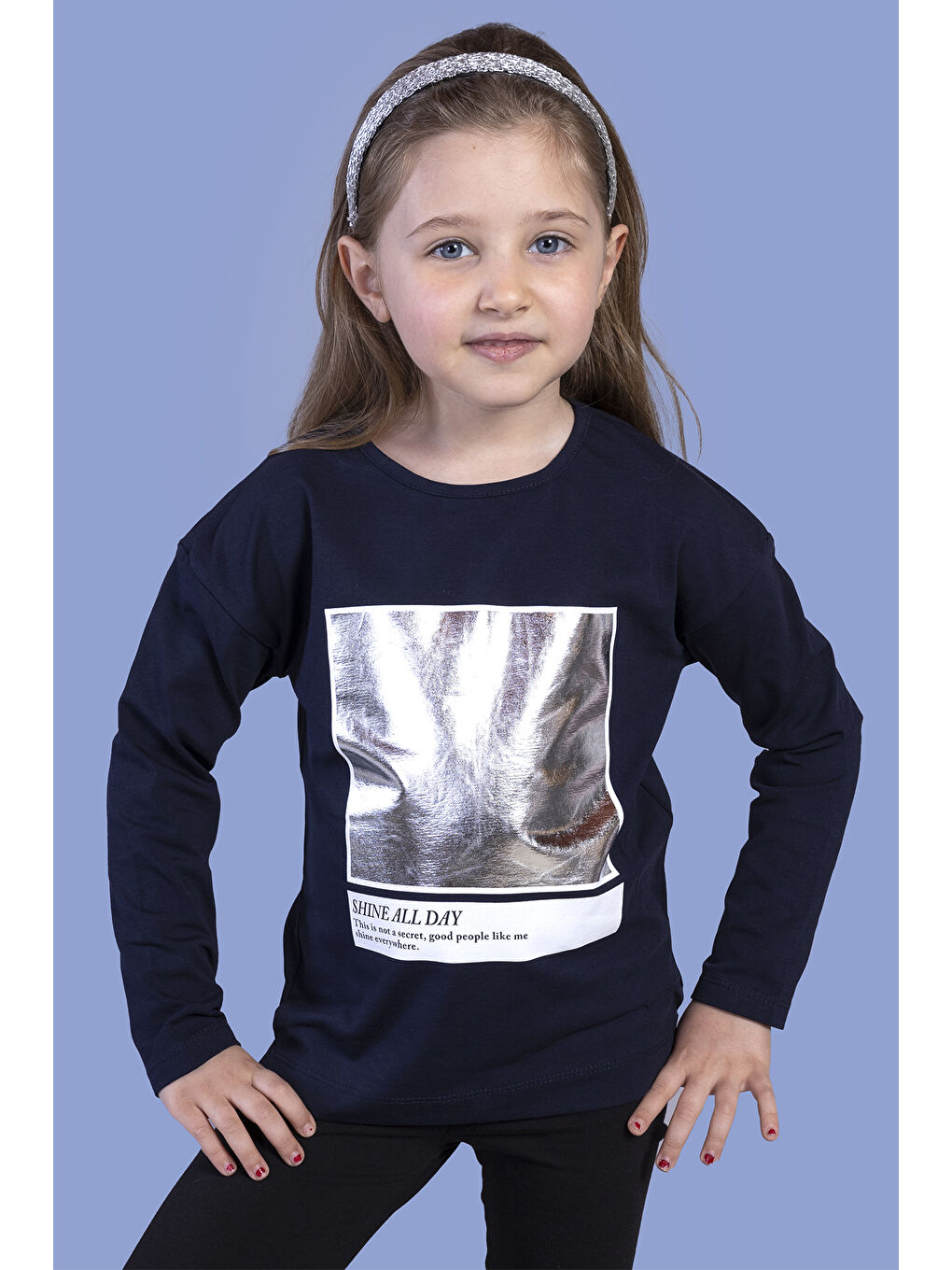 Lacivert Kız Çocuk Varak Baskılı Tişört