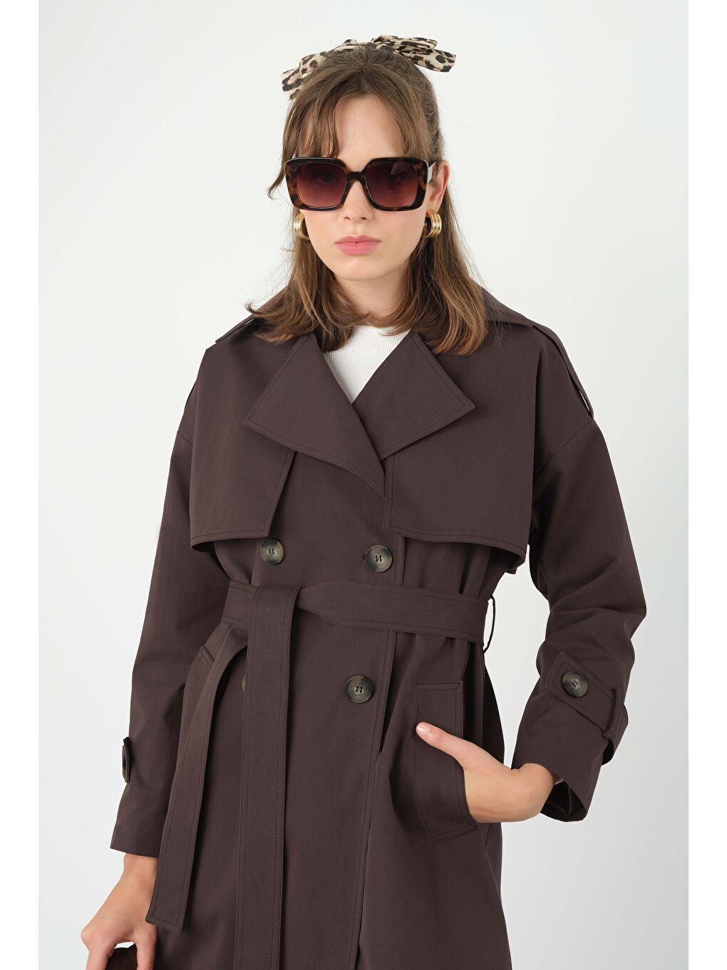 Kahverengi Rüzgarlıklı Klasik Trençkot Acı Kahve-3