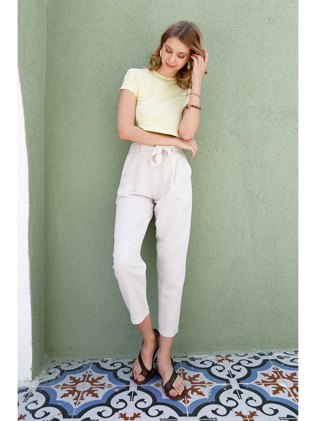 Bej Beli Bağlamalı Straight Keten Pantolon-3