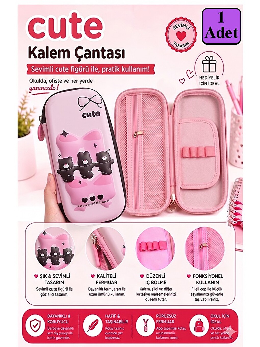 Pembe Kabartmalı Bölmeli Kalemlik 1 Adet P-5922 Kız Çocuk Okul Kalem Kutusu 3 Boyutlu Sevimli Karika