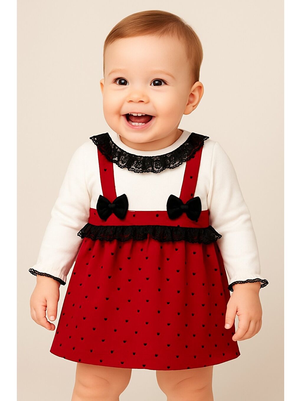 Kırmızı Kız Bebek Puantiyeli Desenli Dantelli Fiyonklu Askılı Elbise Takım-1