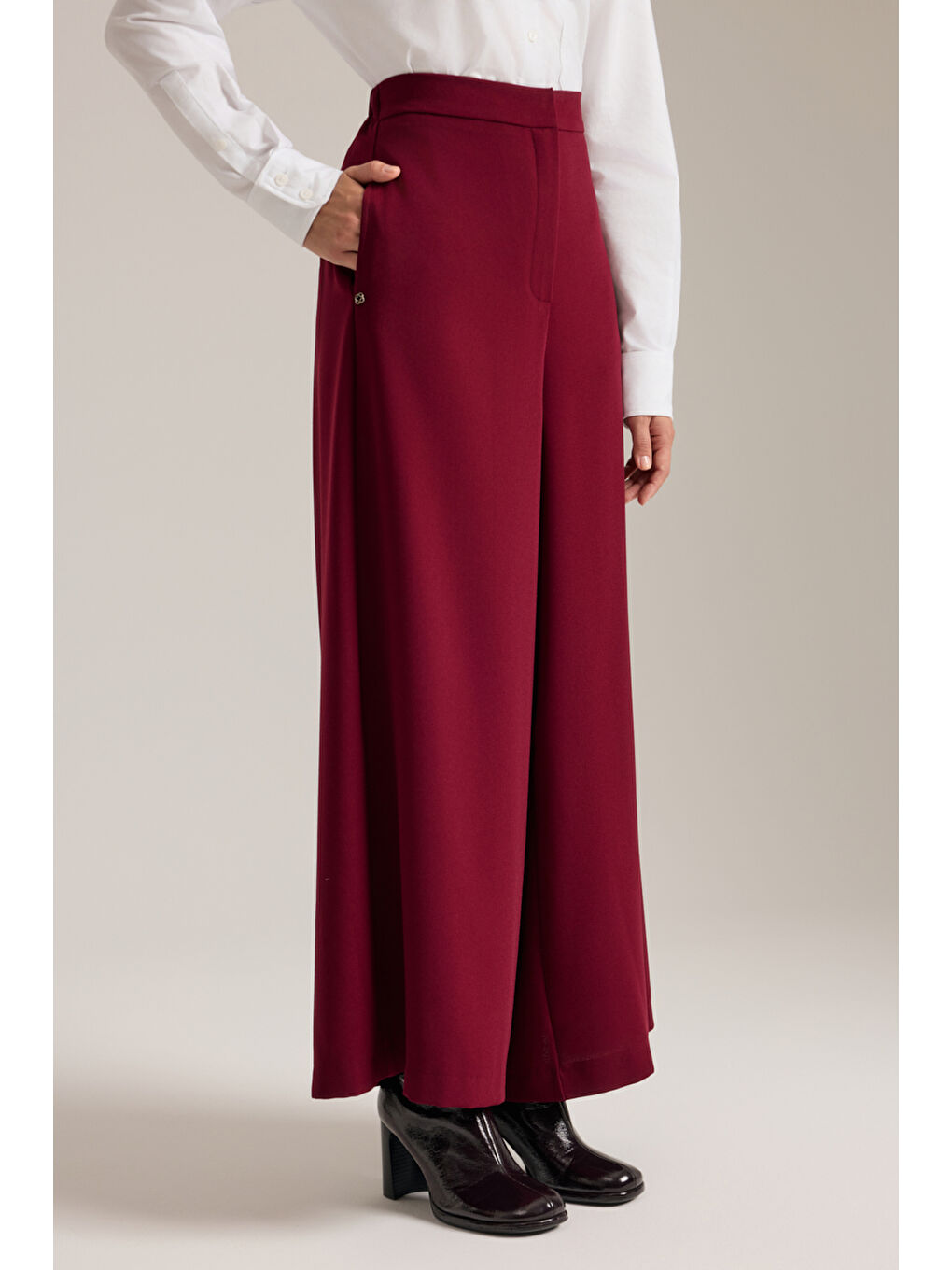 Bordo Beli Lastik Detaylı Dökümlü Pantolon Etek-2