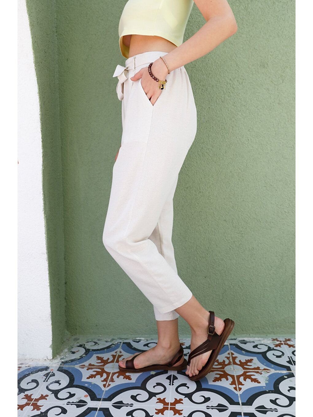 Bej Beli Bağlamalı Straight Keten Pantolon-4