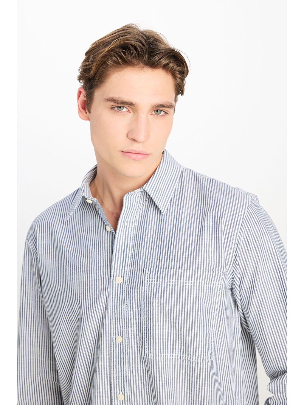 %100 Pamuk Relaxed Fit Geniş Kesim Çizgili Ekru Gömlek-3