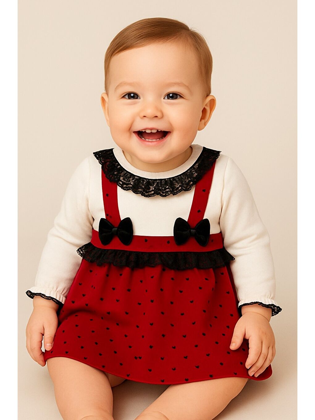 Kırmızı Kız Bebek Puantiyeli Desenli Dantelli Fiyonklu Askılı Elbise Takım-2