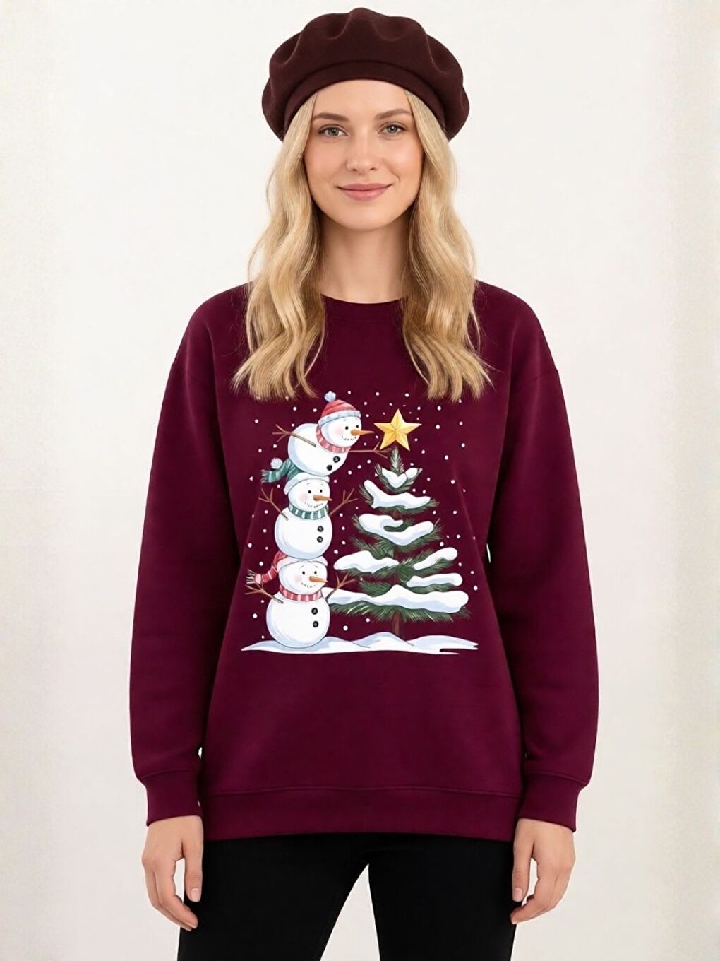 Kadın Bordo Kardan Adam Baskılı Oversize Bisiklet Yaka Sweatshirt