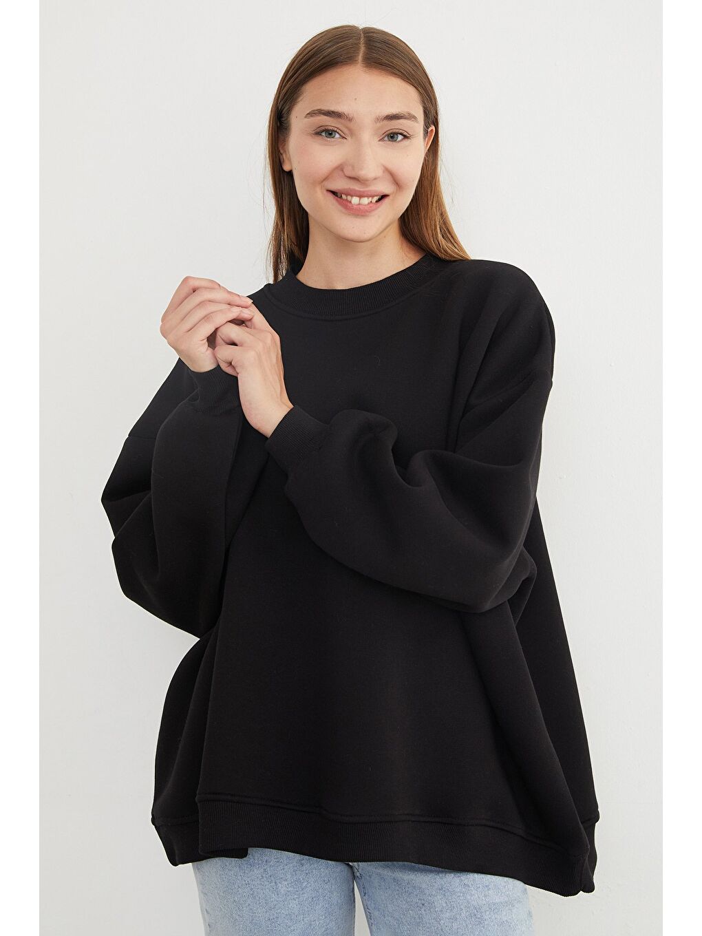 Siyah 3 İplik Basic Oversize Sweatshirt-4