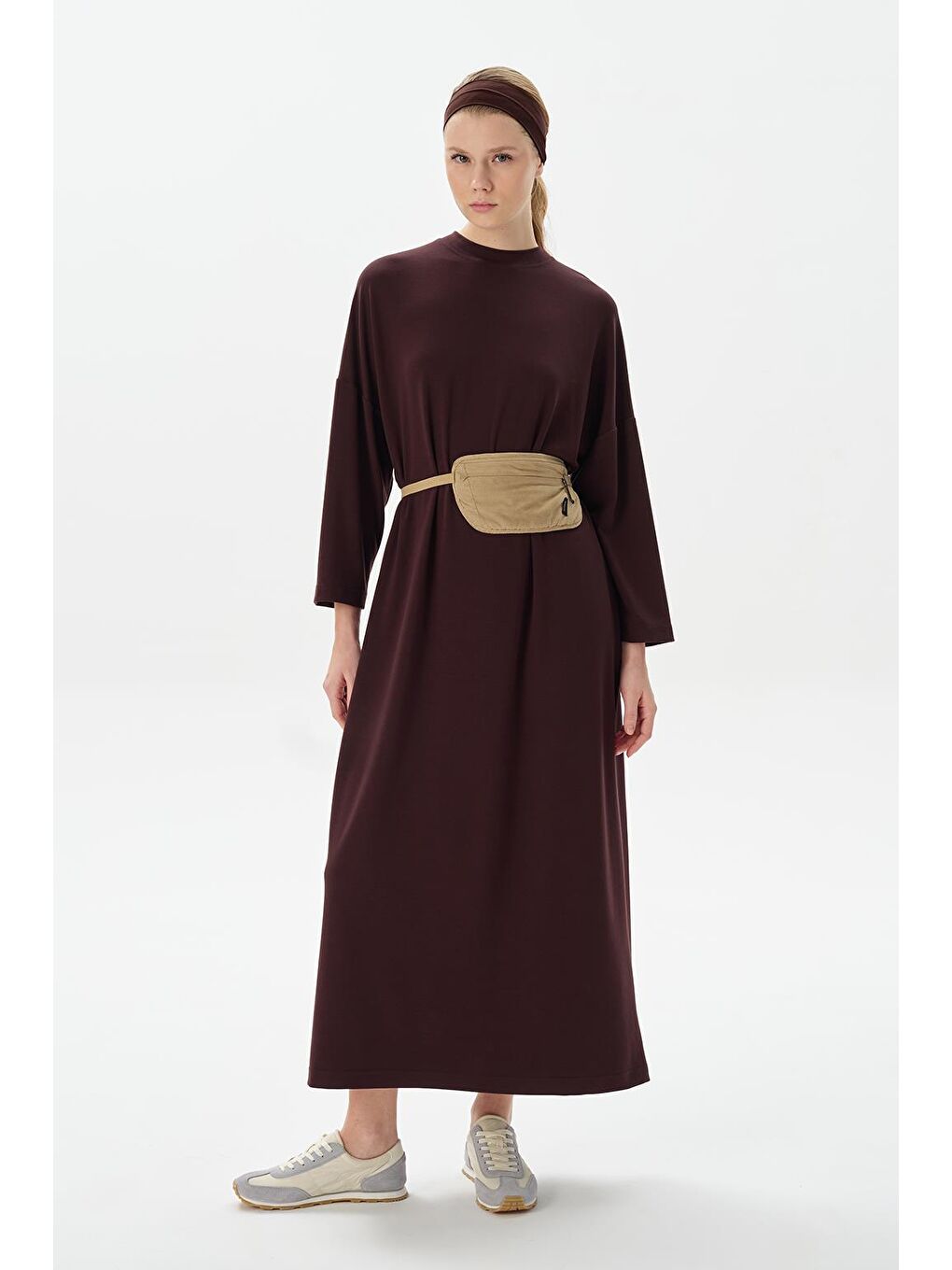 Kahverengi Modal Örme Uzun Basic Elbise Kahve-1