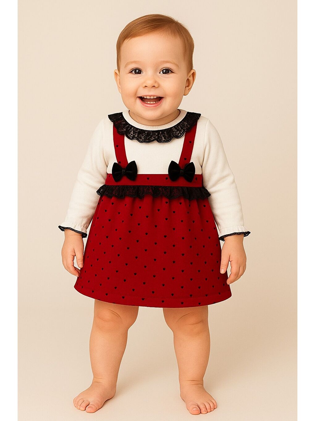 Kırmızı Kız Bebek Puantiyeli Desenli Dantelli Fiyonklu Askılı Elbise Takım-3