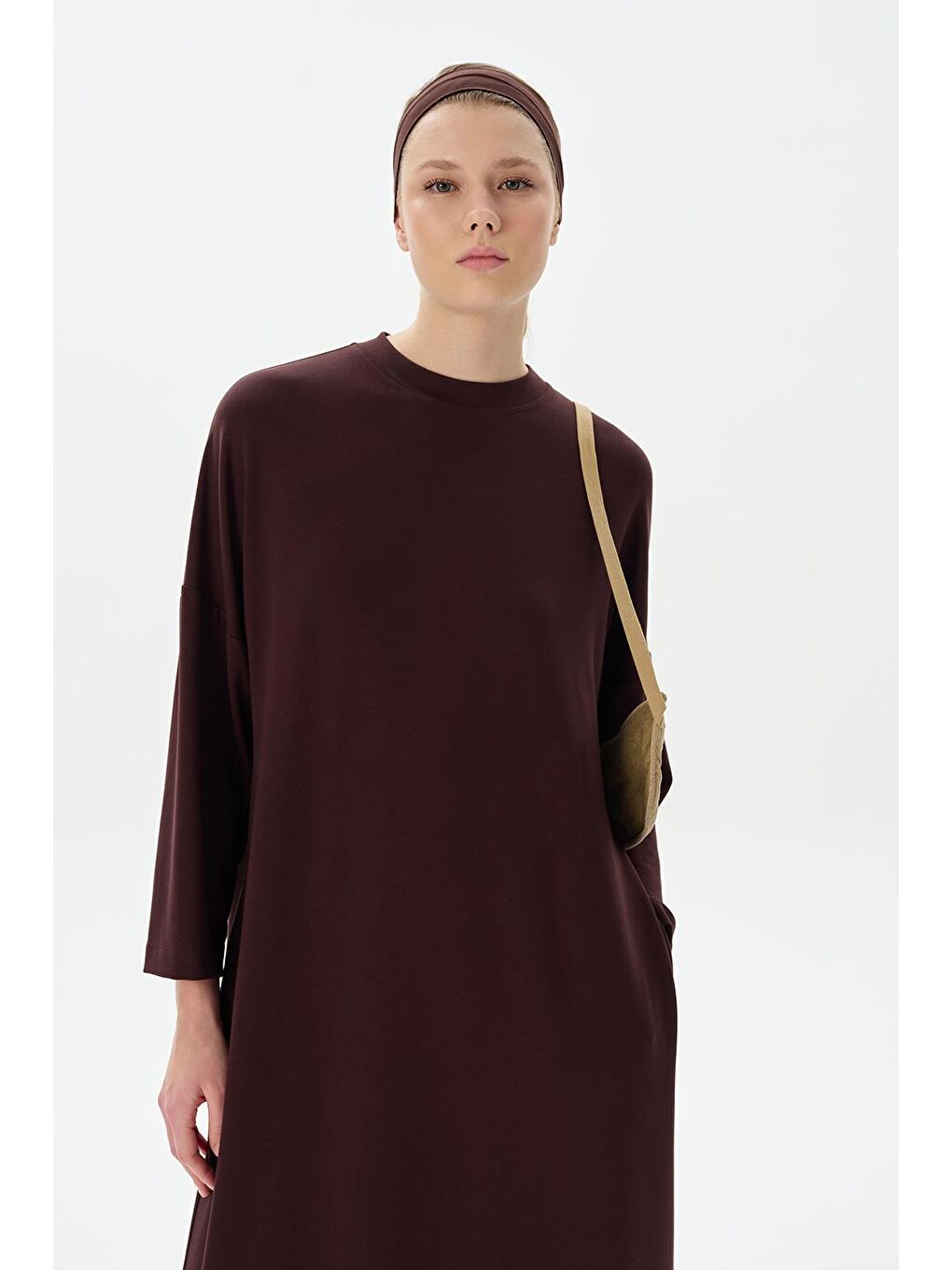 Kahverengi Modal Örme Uzun Basic Elbise Kahve-3