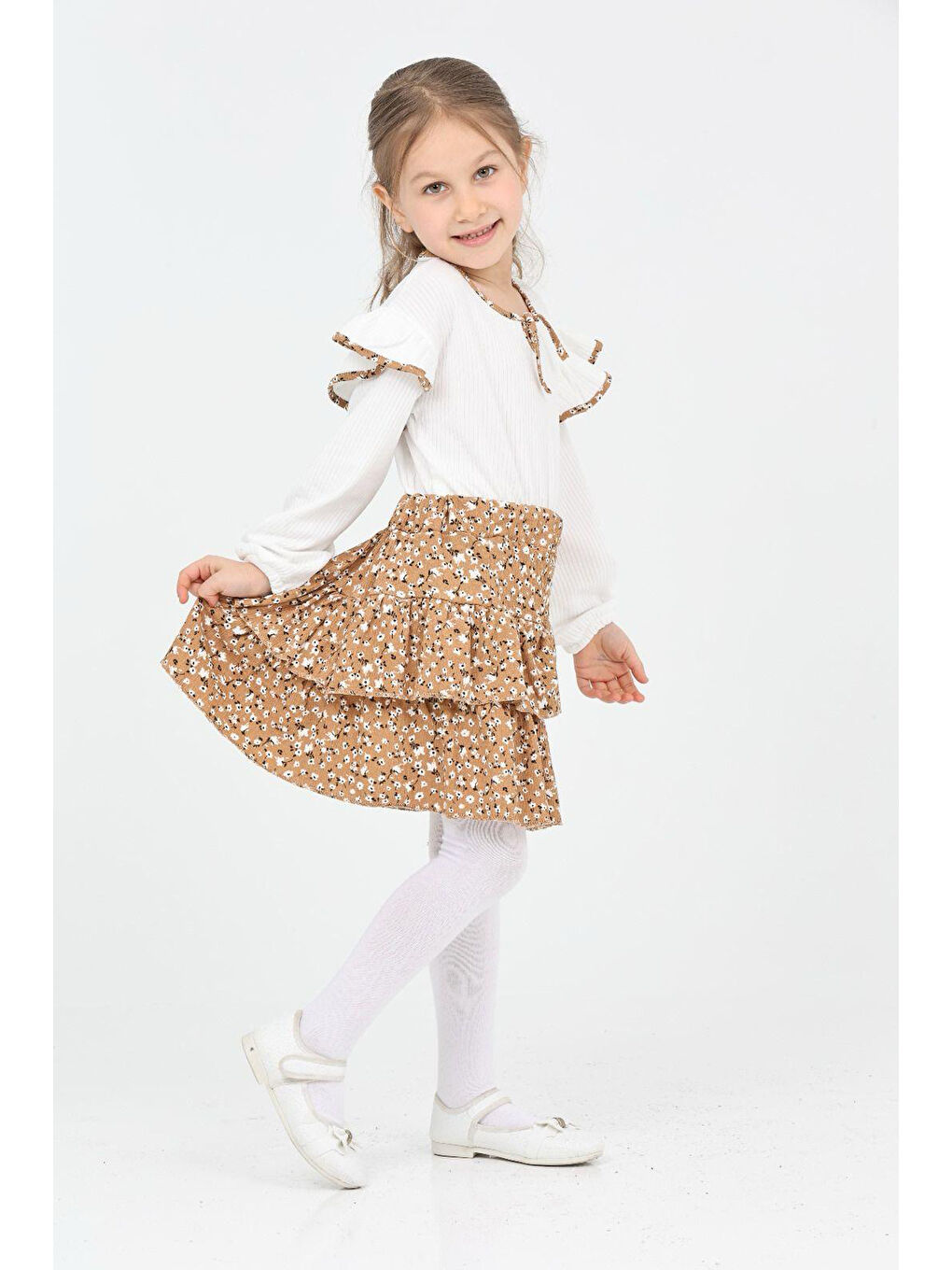 Kahverengi Kız Çocuk Bürümcük Etekli ve Bluzlu 2li Elbise (Etek+Bluz) 12189