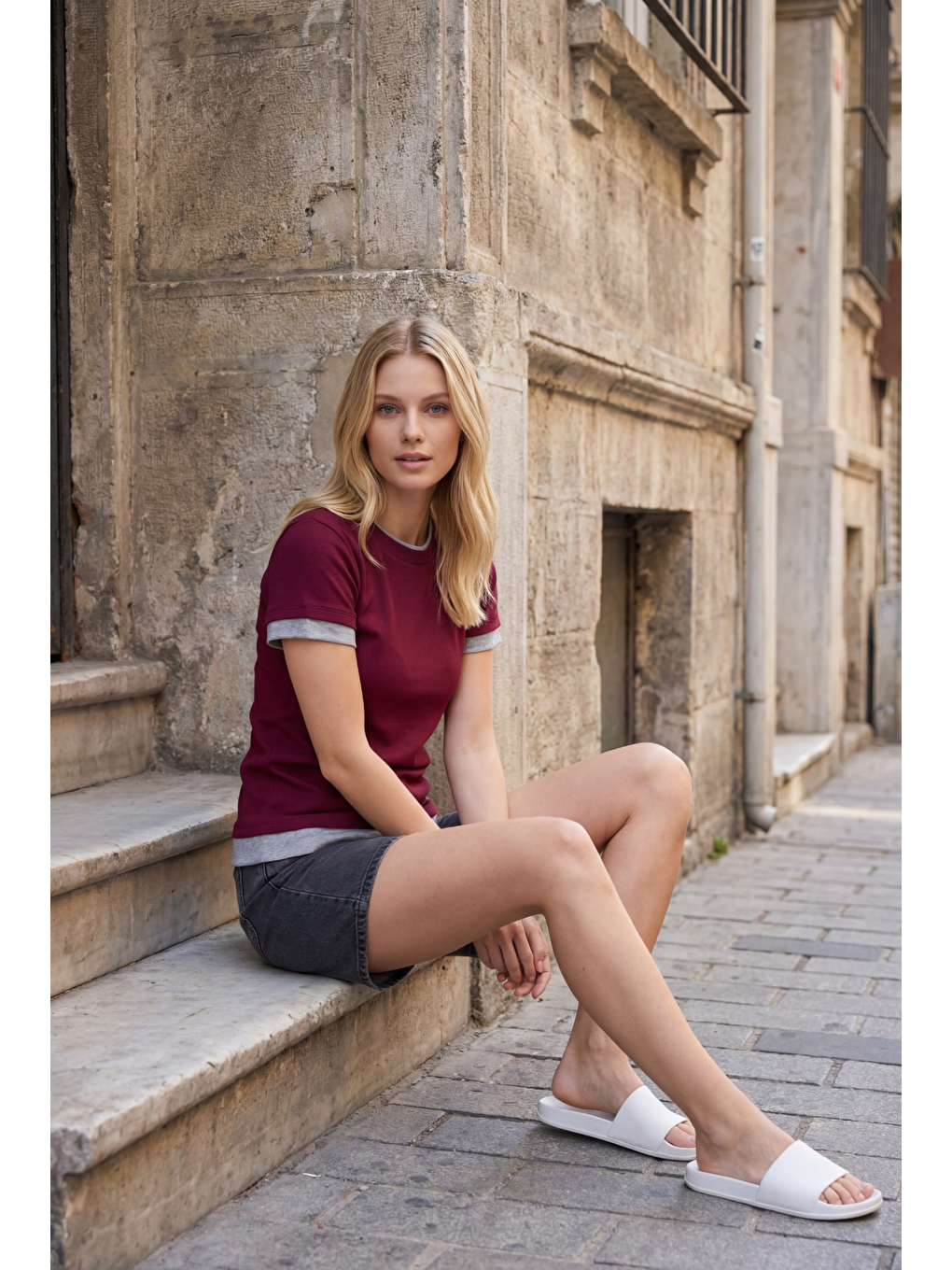 Bordo Bisiklet Yaka Çift Renkli Basic Tişört Mg2682-1