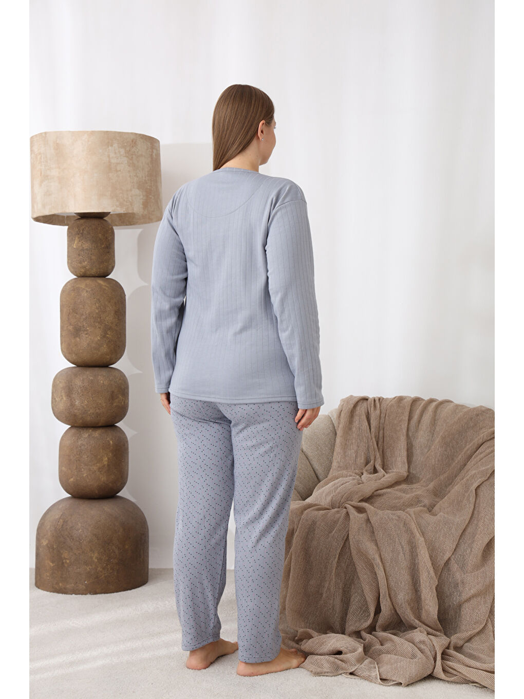 Gri Şardonlu İnterlok Kumaş Büyük Beden Kışlık Kadın Pijama Takımı 1160-4