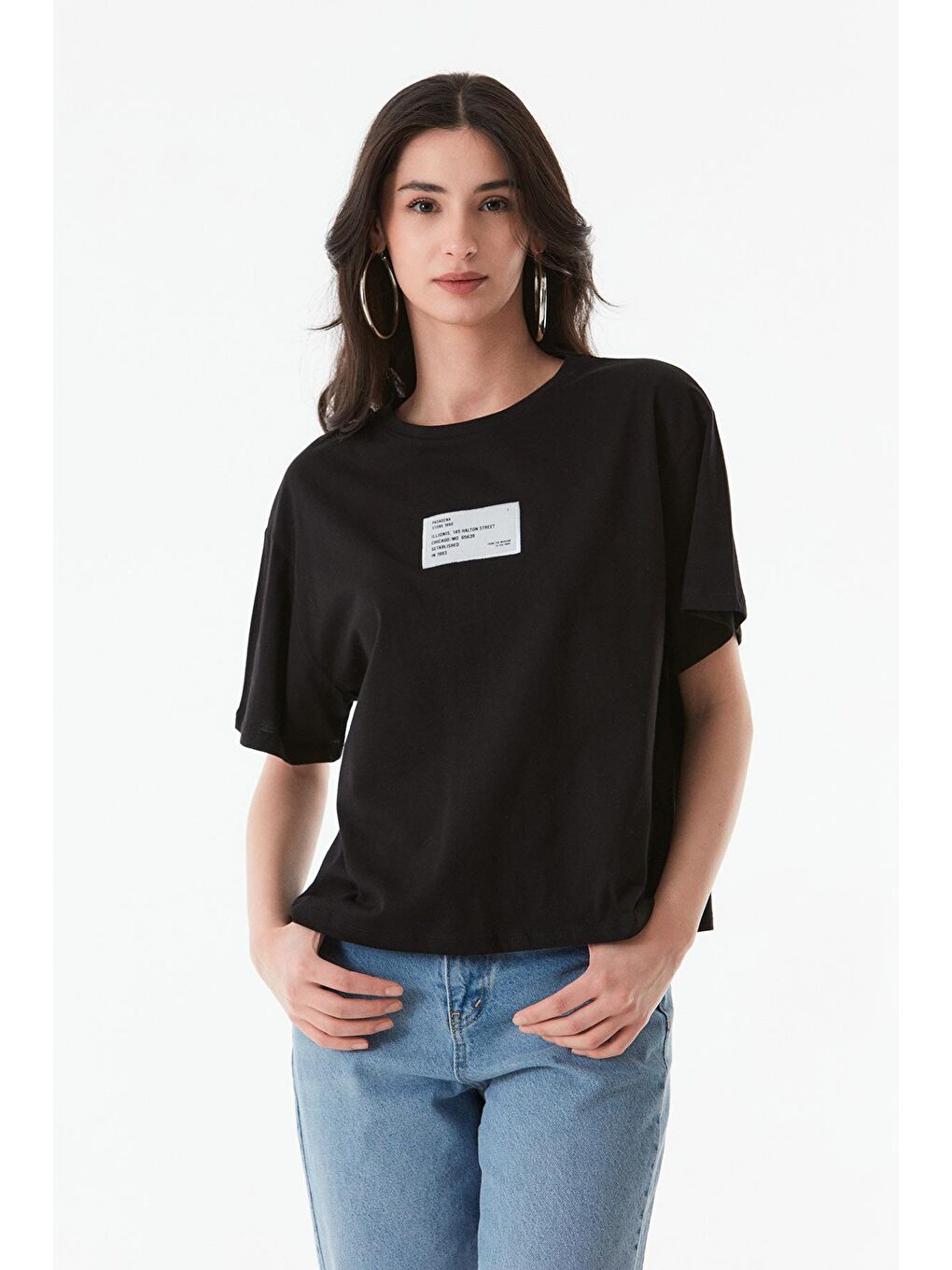 Siyah Baskılı Bisiklet Yaka Oversize Tişört-3