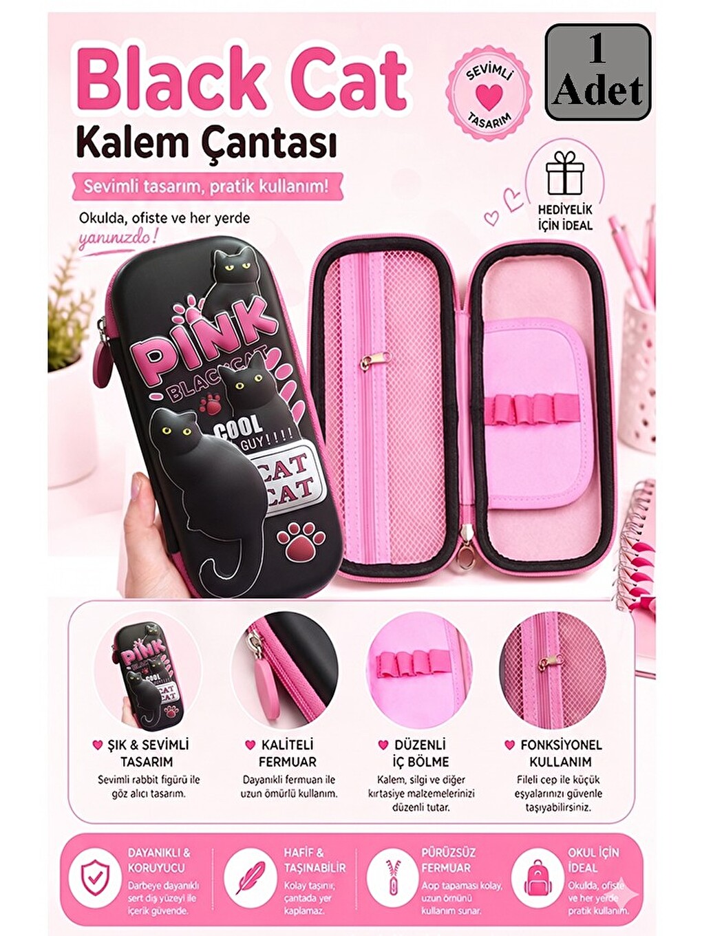 Pembe Kabartmalı Bölmeli Kalemlik 1 Adet P-5922 Kız Çocuk Okul Kalem Kutusu 3 Boyutlu Sevimli Karika