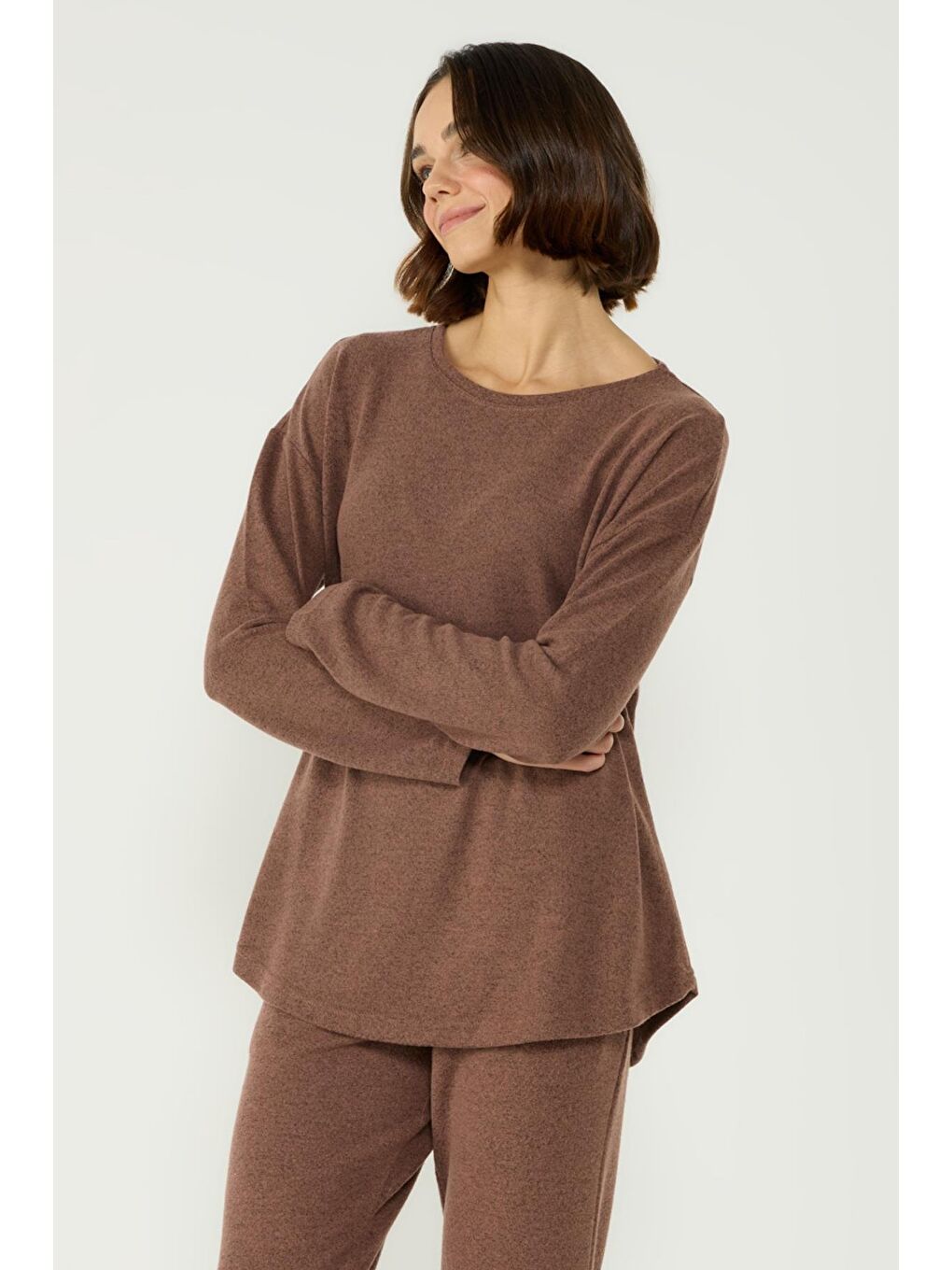 Puntalı Kayık Yaka Düşük Omuz Uzun Kol Cepli Pantolon Takım 405290 Kahverengi-2