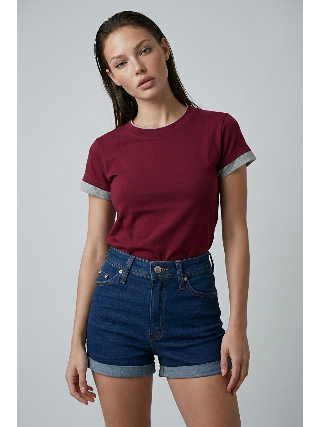 Bordo Bisiklet Yaka Çift Renkli Basic Tişört Mg2682-2