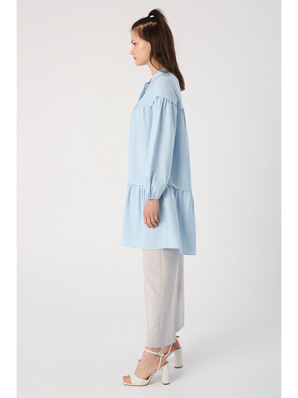 Açık Mavi Eteği Ve Rabosu Büzgülü Viskon Gömlek Tunik-2