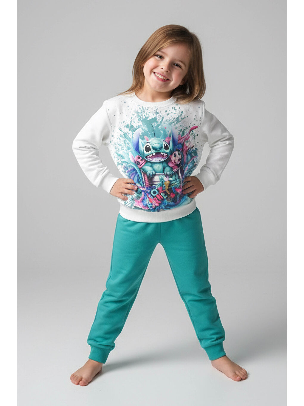 Kız Çocuk Petrol Baskılı Pijama Takımı - 28096-PETROL