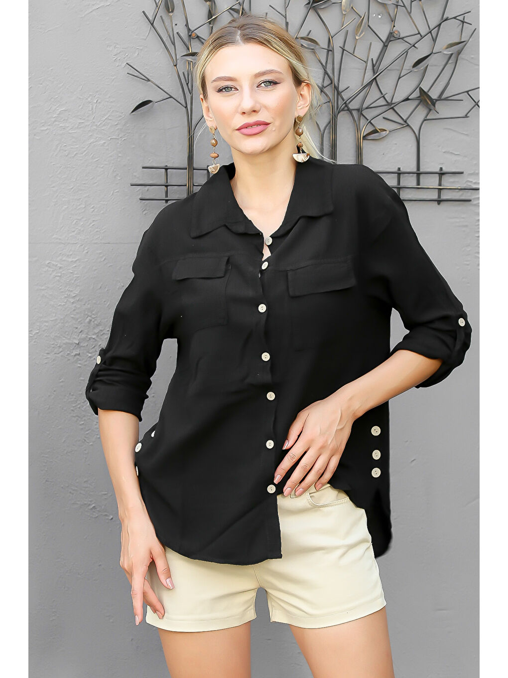 Siyah Gömlek Yaka Uzun Kol Düz Renk Düğmeli Çift Kapaklı Cepli Dokuma Gömlek