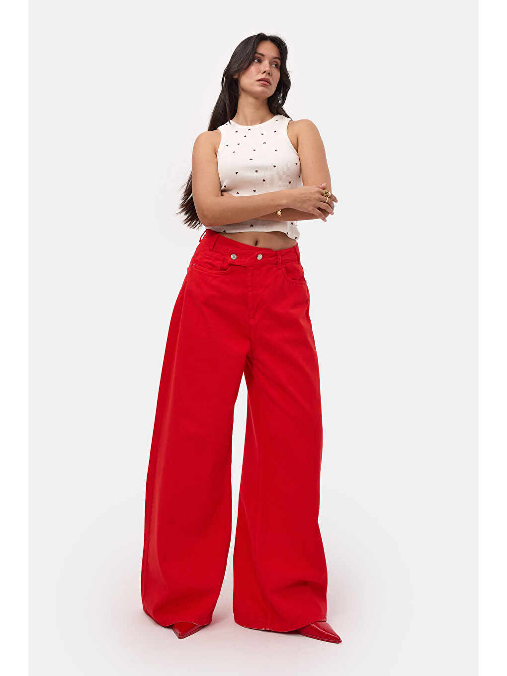 Kadın Kırmızı 6s6-19 Mega Baggy Fit Kemer Detaylı Denim Jean-1