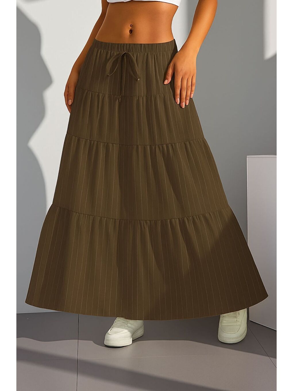 Kahverengi Fırfırlı Katkat Çizgili Modal Etek