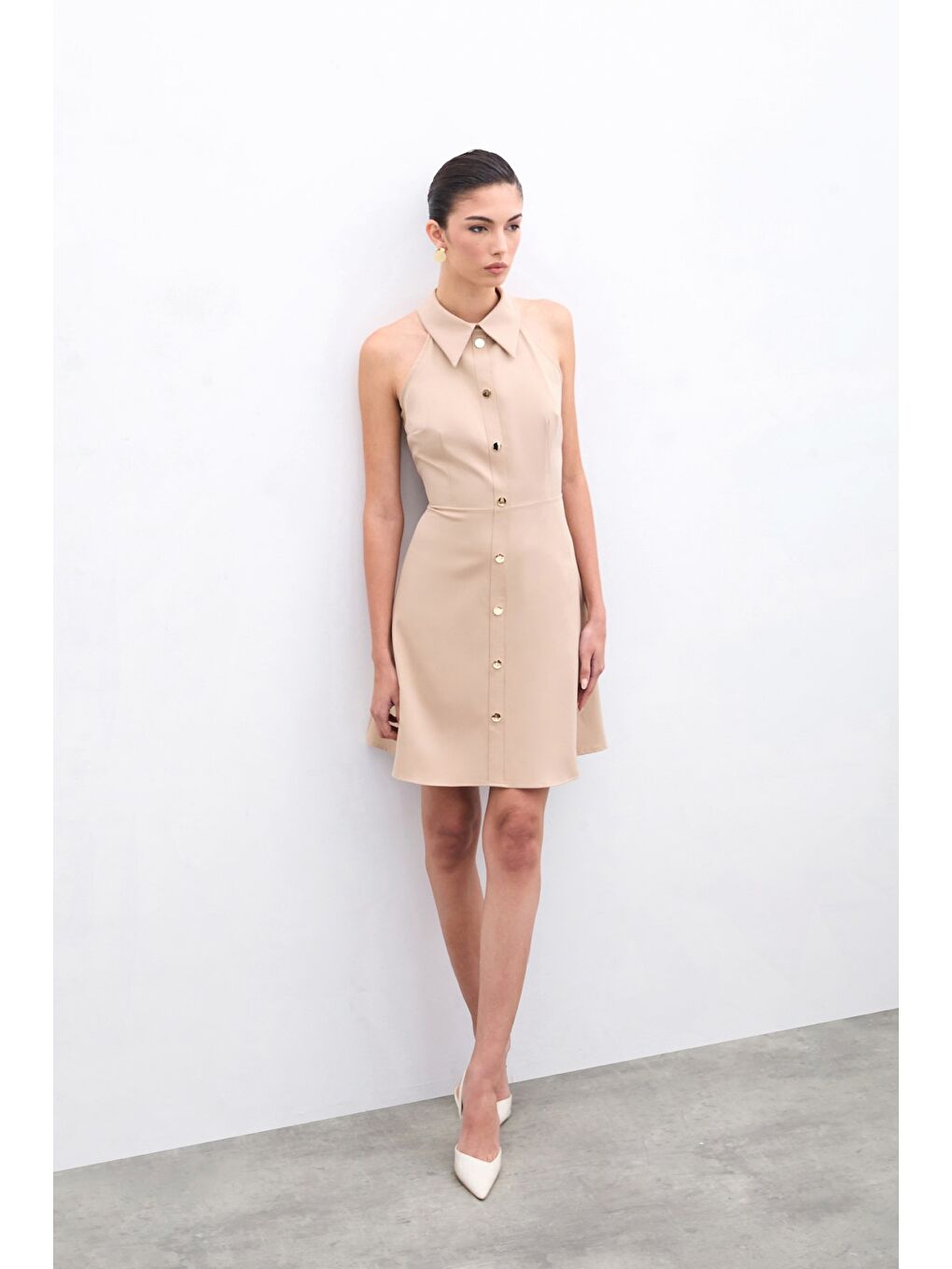 Çıtçıtlı Kısa Elbise - Bej-1