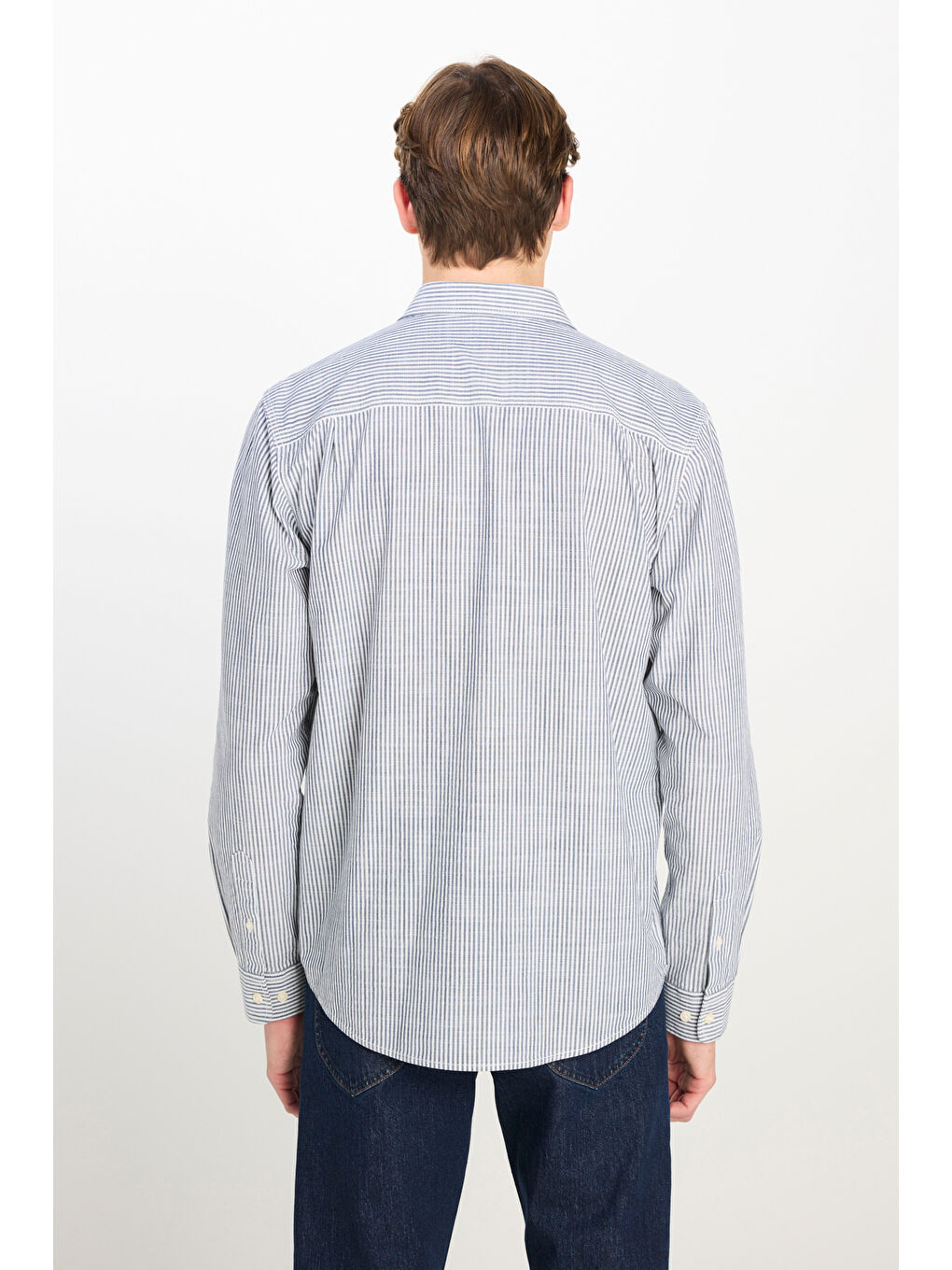 %100 Pamuk Relaxed Fit Geniş Kesim Çizgili Ekru Gömlek-4