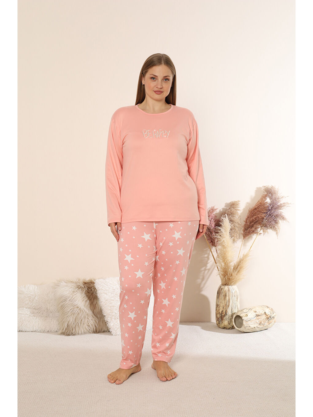 Pembe Sandy Soft Termal Kumaş Büyük Beden Kışlık Kadın Pijama Takımı 1300-1