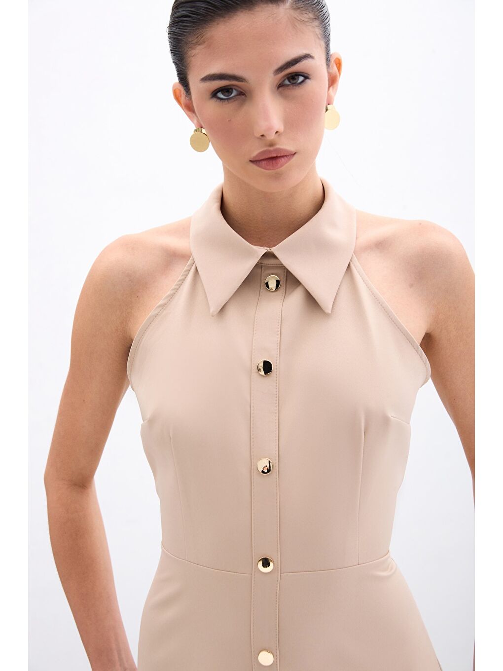 Çıtçıtlı Kısa Elbise - Bej-5