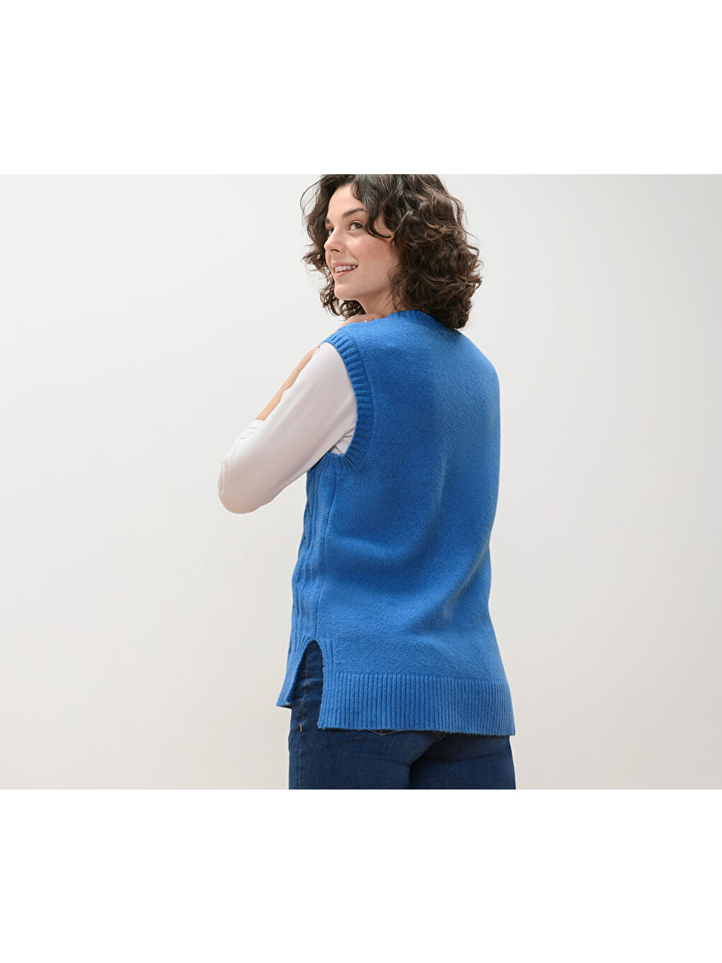 Kadın Kolsuz Süveter, Saç Örgü, Kırçıllı Açık Mavi-1