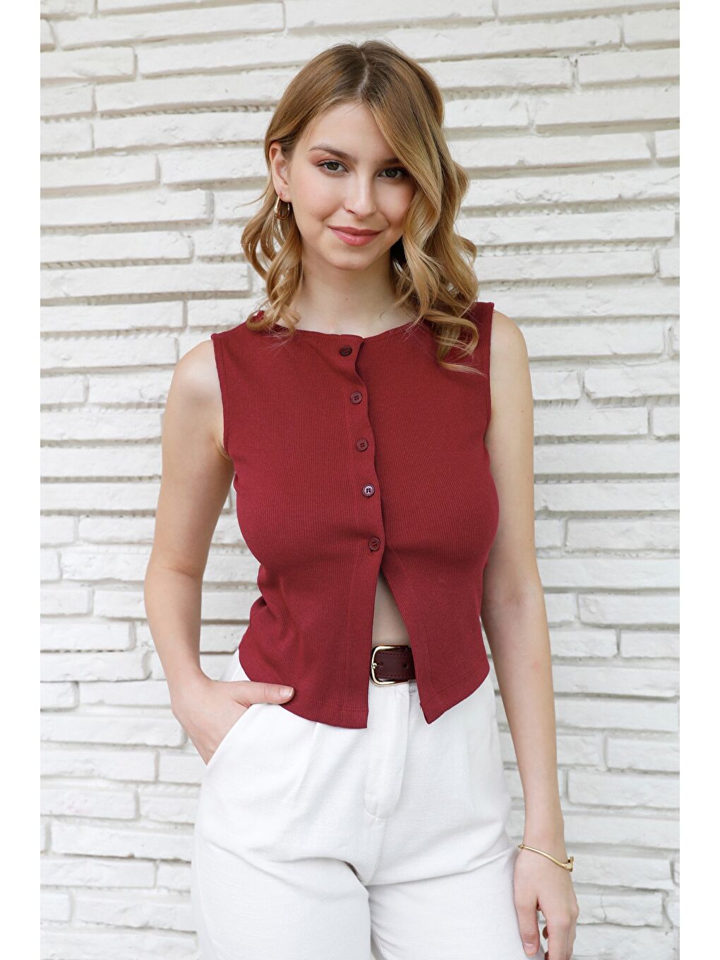 Bordo Düğmeli Geniş Yaka Bluz-1