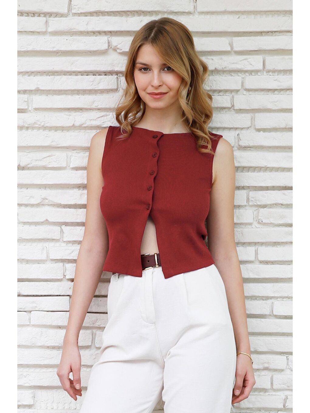 Bordo Düğmeli Geniş Yaka Bluz-2