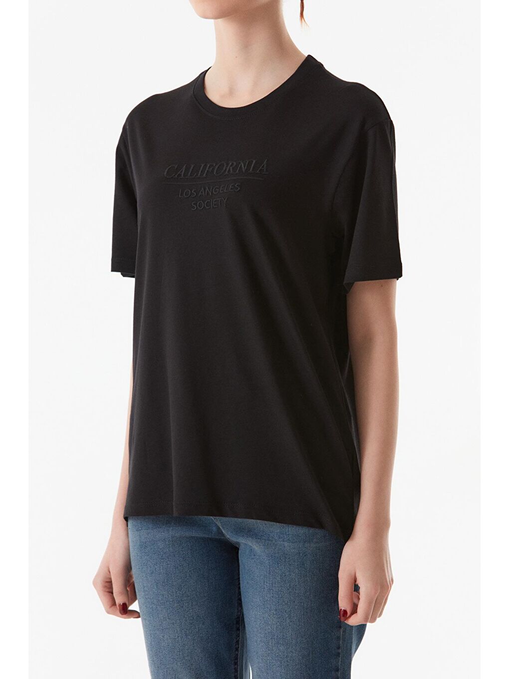 Siyah California Nakışlı Oversize Tişört-4