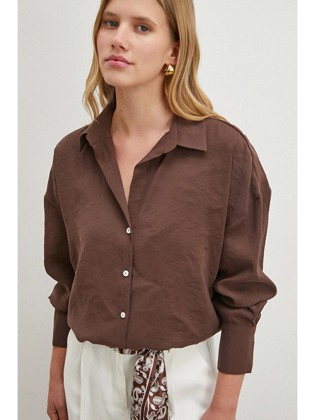 Kahverengi Basic Modal Gömlek Koyu Kahve-5