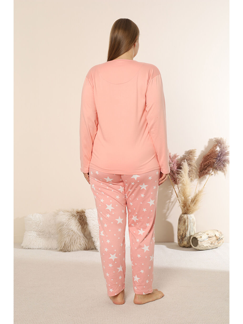 Pembe Sandy Soft Termal Kumaş Büyük Beden Kışlık Kadın Pijama Takımı 1300-4