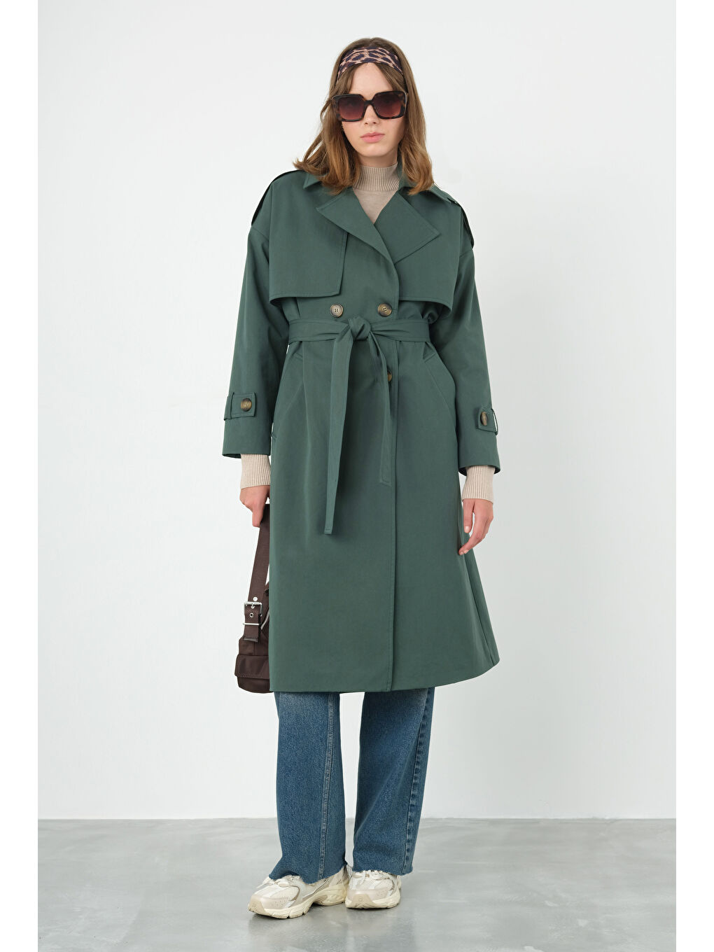 Kahverengi Rüzgarlıklı Klasik Trençkot Zümrüt-3