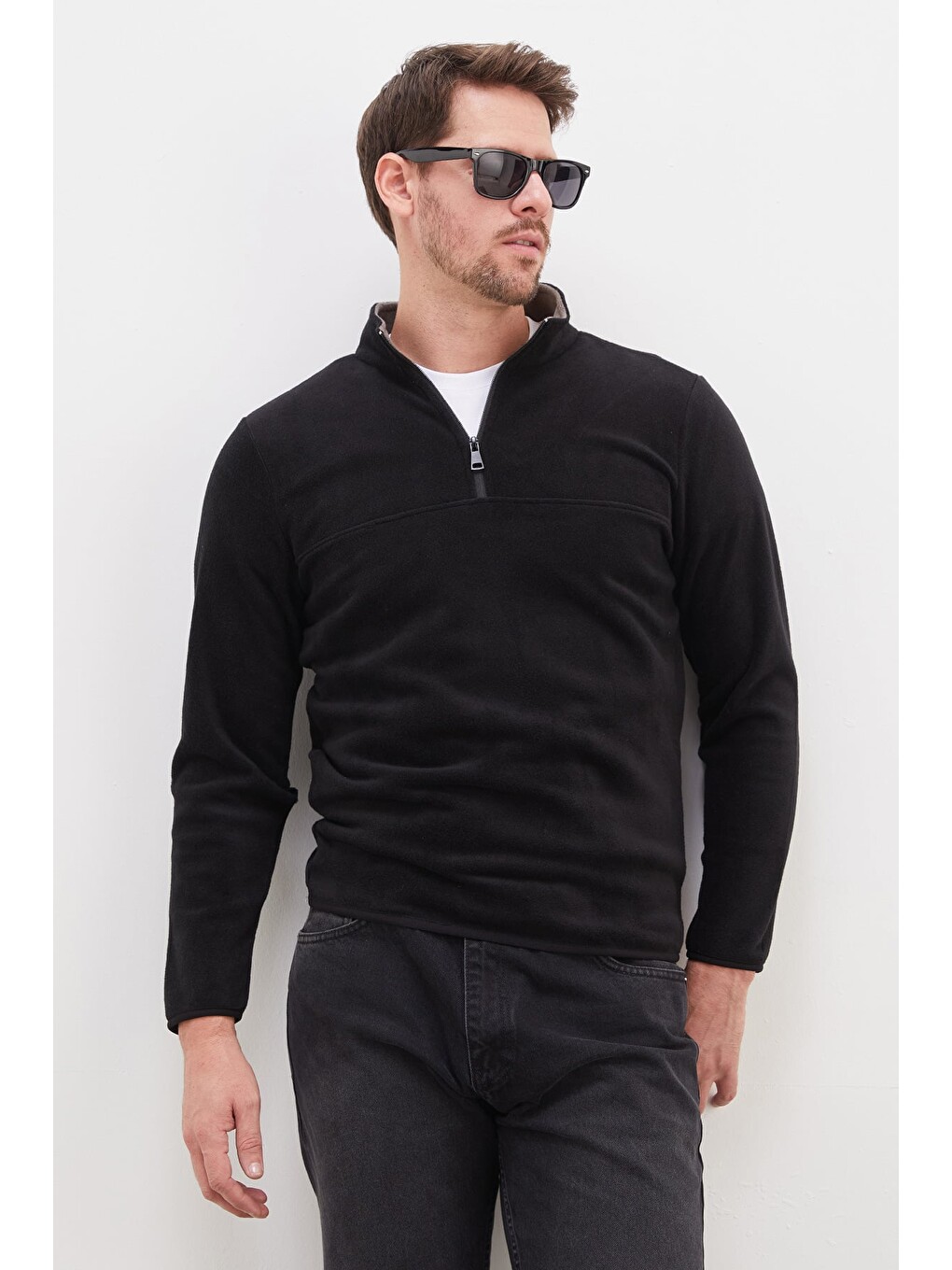 Siyah Yarım Fermuarlı Dik Yaka Polar Sweatshirt-1