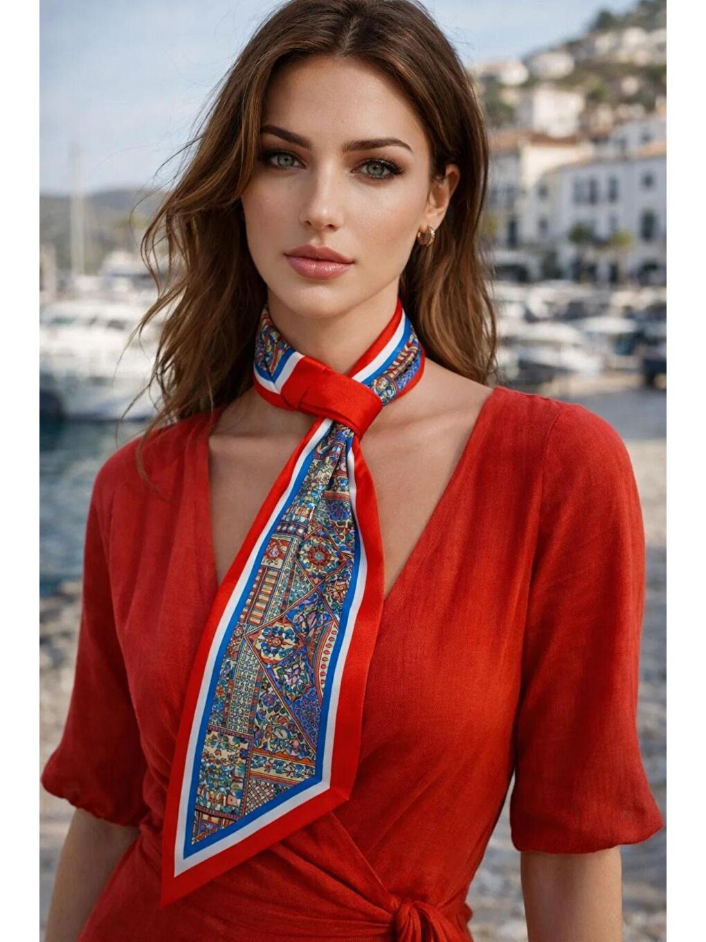 Kadın Kırmızı Mavi Etnik Desenli Boyun Fuları FLR1013 KIRMIZI-3