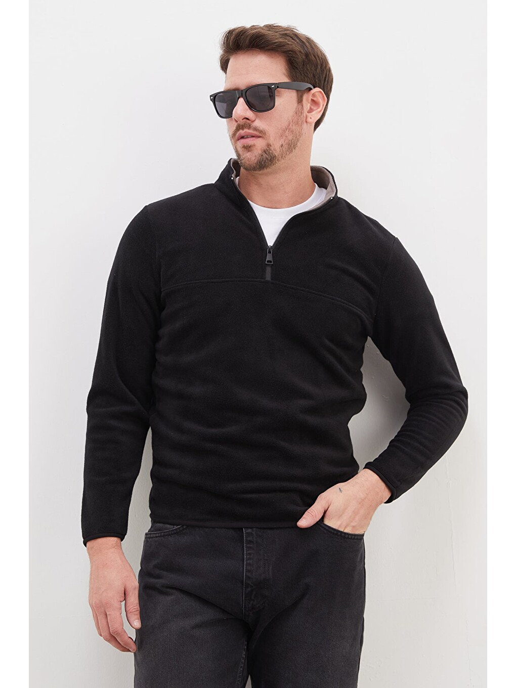 Siyah Yarım Fermuarlı Dik Yaka Polar Sweatshirt-2