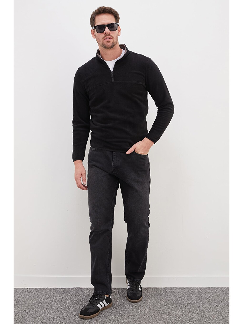 Siyah Yarım Fermuarlı Dik Yaka Polar Sweatshirt-3