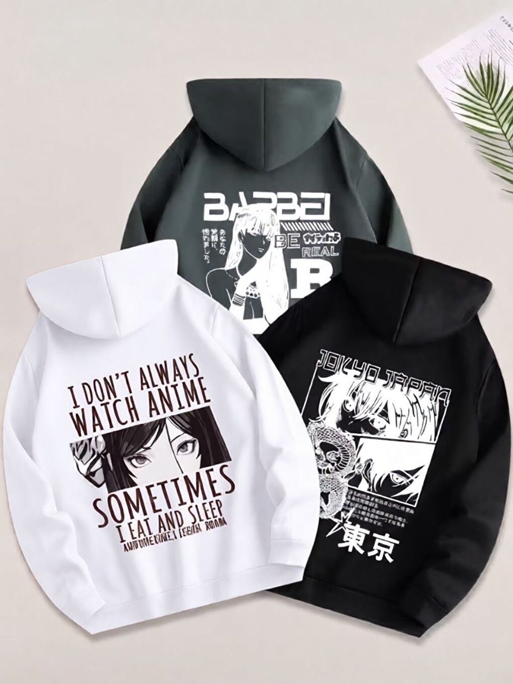 Yeşil 3lü Set AnimeS Baskılı Oversize Kapüşonlu Sweatshirt