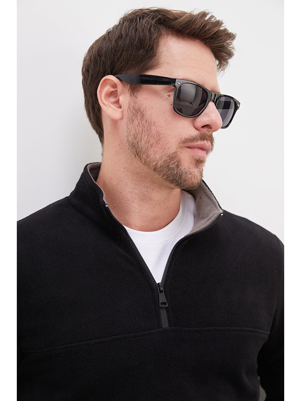 Siyah Yarım Fermuarlı Dik Yaka Polar Sweatshirt-4