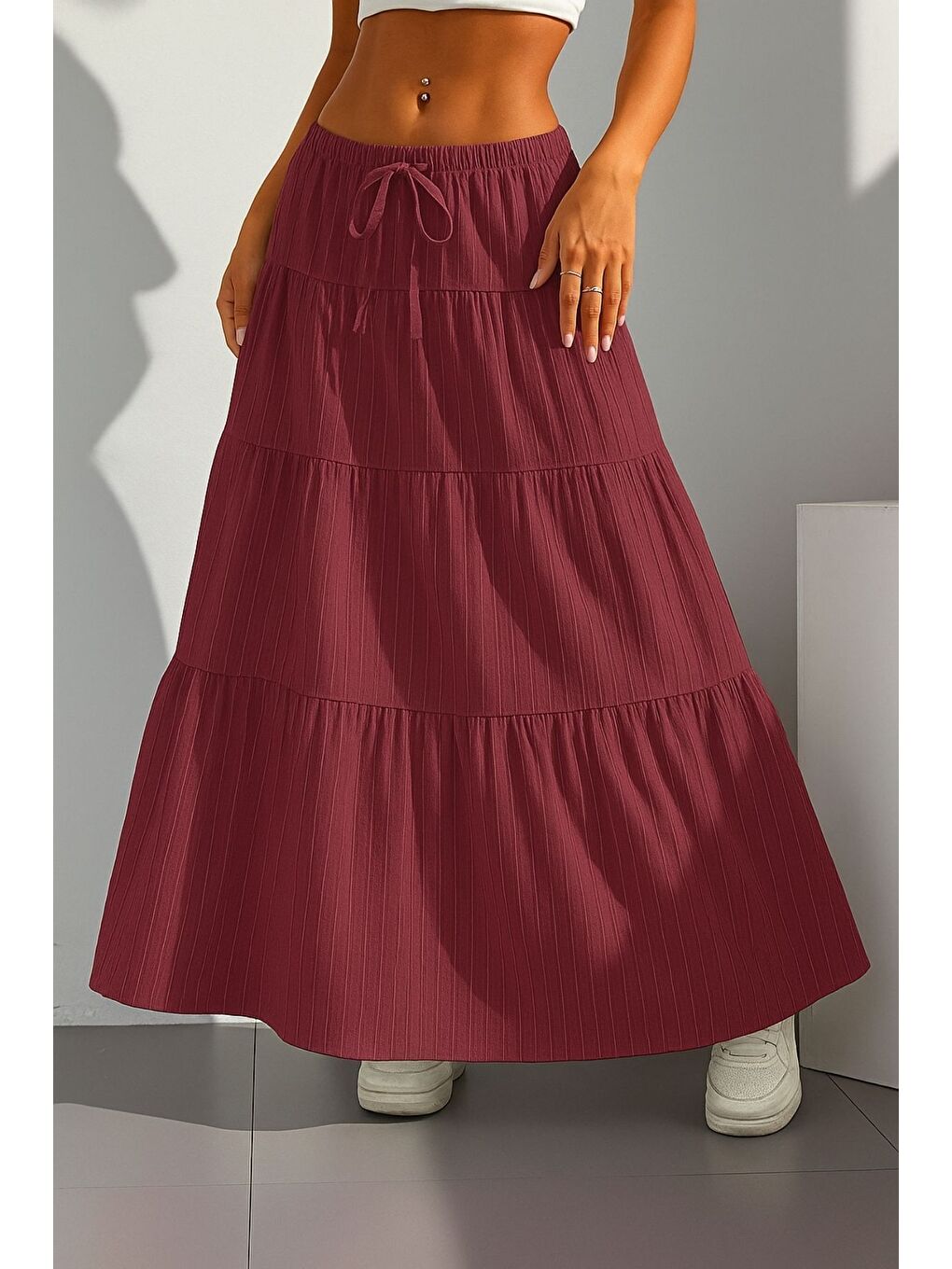 Pembe Gül Kurusu Fırfırlı Katkat Çizgili Modal Etek