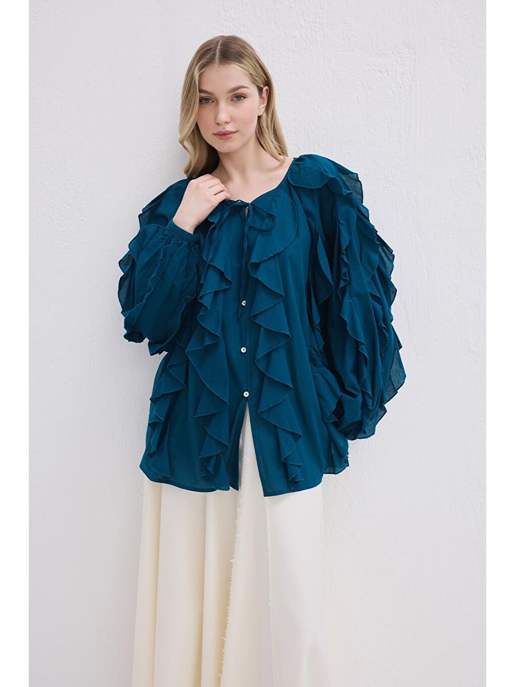Rosa Fırfırlı Vual Gömlek Petrol Yeşili-1